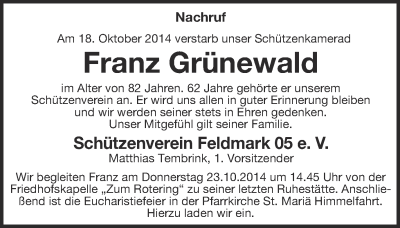  Traueranzeige für Franz Grünewald vom 22.10.2014 aus Münstersche Zeitung und Münsterland Zeitung