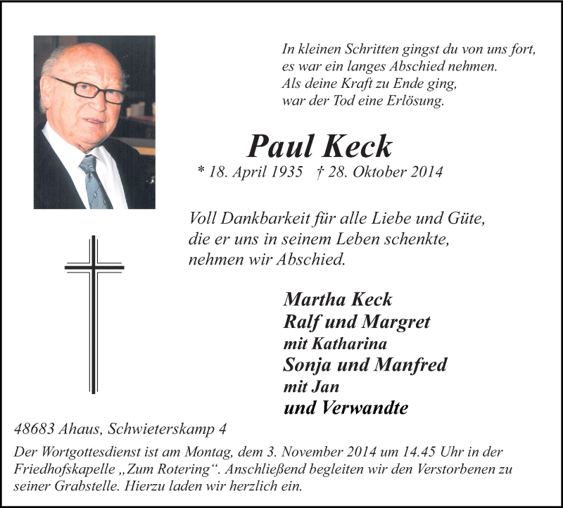  Traueranzeige für Paul Keck vom 30.10.2014 aus Münstersche Zeitung und Münsterland Zeitung