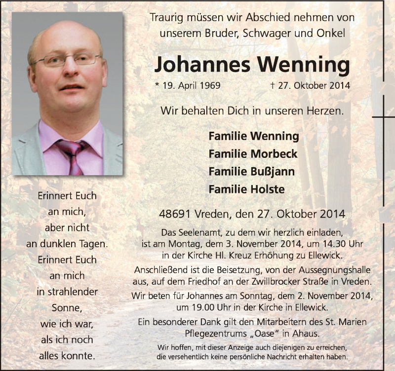  Traueranzeige für Johannes Wenning vom 30.10.2014 aus Münstersche Zeitung und Münsterland Zeitung