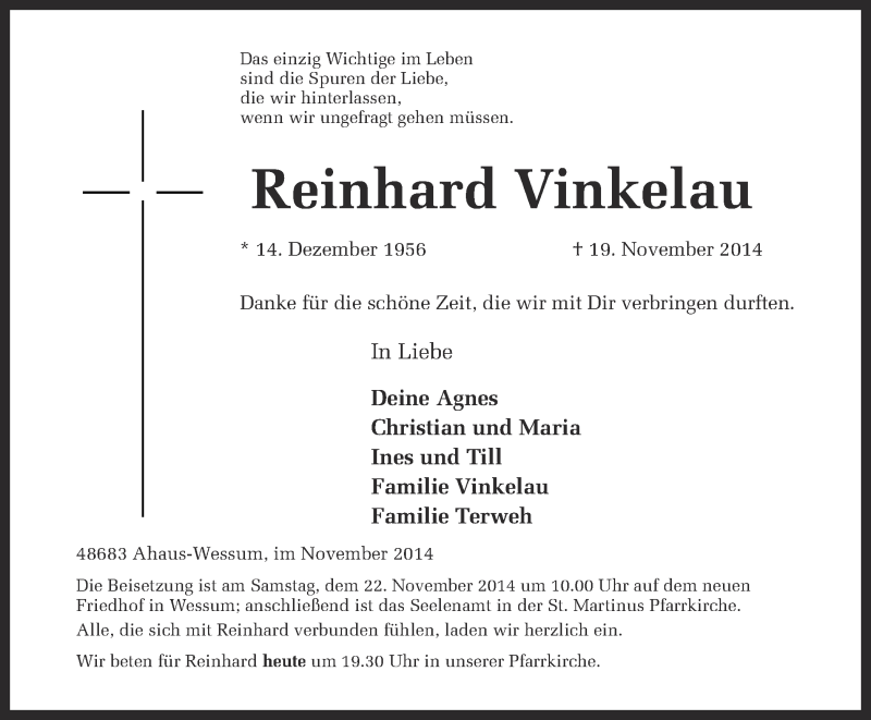  Traueranzeige für Reinhard Vinkelau vom 21.11.2014 aus Münstersche Zeitung und Münsterland Zeitung