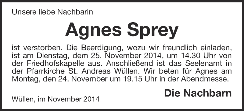  Traueranzeige für Agnes Sprey vom 22.11.2014 aus Münstersche Zeitung und Münsterland Zeitung