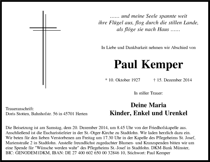  Traueranzeige für Paul Kemper vom 18.12.2014 aus Münstersche Zeitung und Münsterland Zeitung