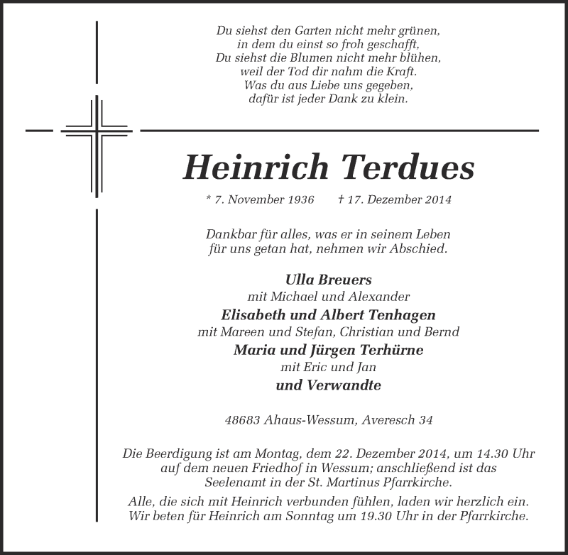  Traueranzeige für Heinrich Terdues vom 19.12.2014 aus Münstersche Zeitung und Münsterland Zeitung