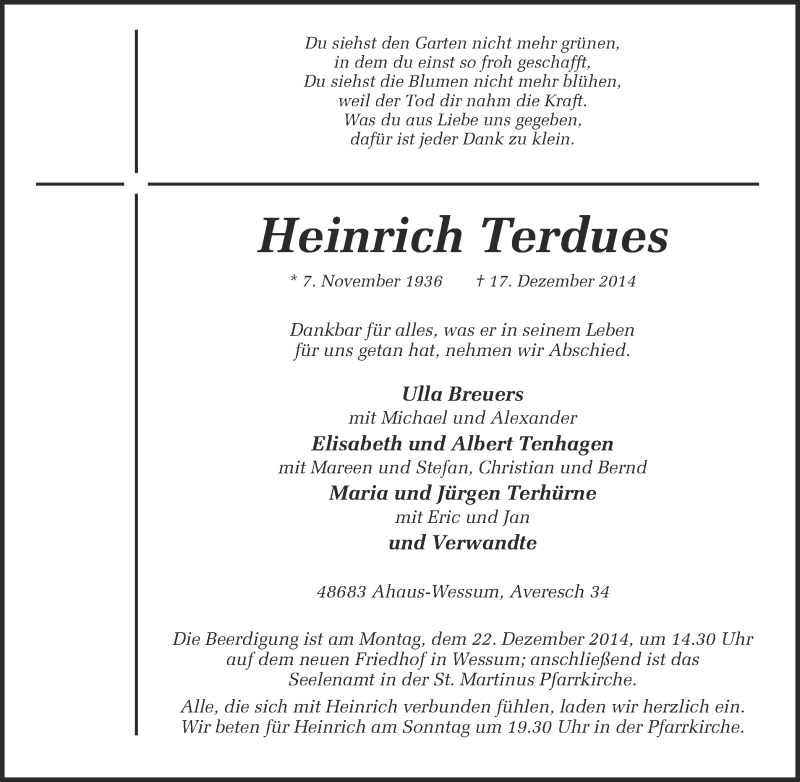  Traueranzeige für Heinrich Terdues vom 19.12.2014 aus 
