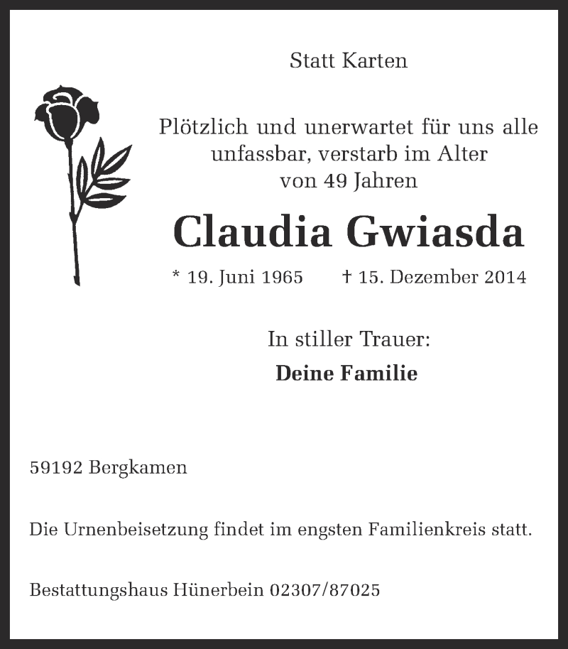  Traueranzeige für Claudia Gwiasda vom 20.12.2014 aus Ruhr Nachrichten