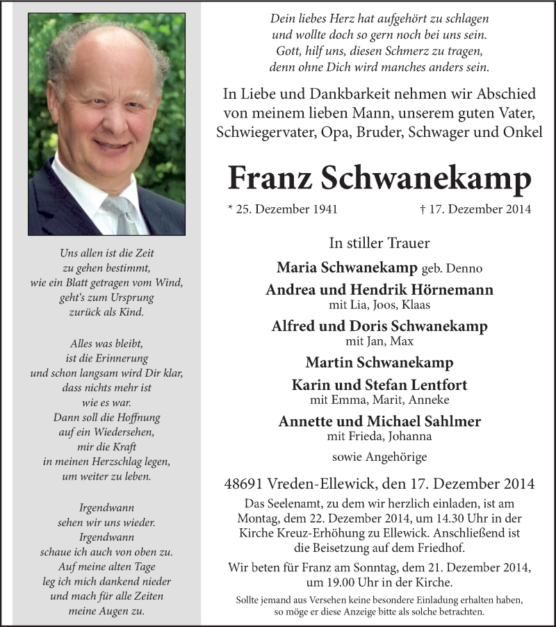  Traueranzeige für Franz Schwanekamp vom 19.12.2014 aus Münstersche Zeitung und Münsterland Zeitung