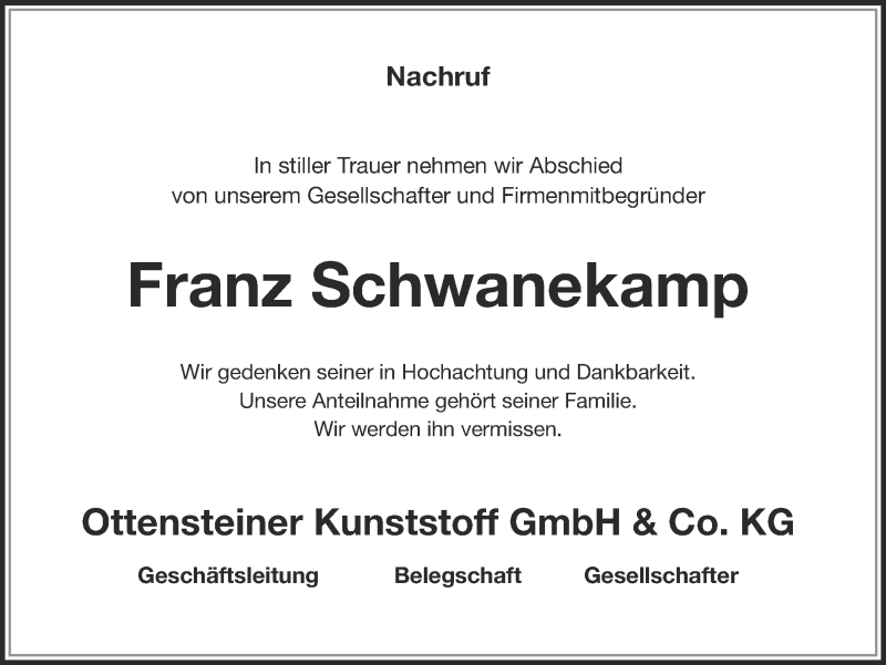  Traueranzeige für Franz Schwanekamp vom 20.12.2014 aus Münstersche Zeitung und Münsterland Zeitung