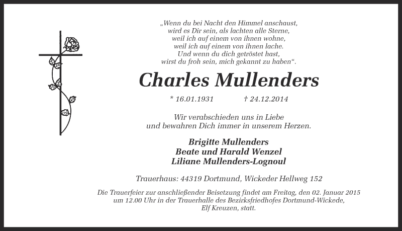  Traueranzeige für Charles Mullenders vom 30.12.2014 aus Ruhr Nachrichten