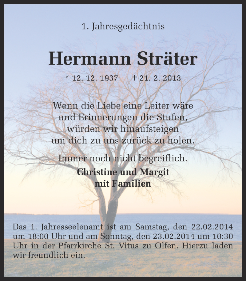 Traueranzeige für Hermann Sträter vom 21.02.2014 aus Ruhr Nachrichten