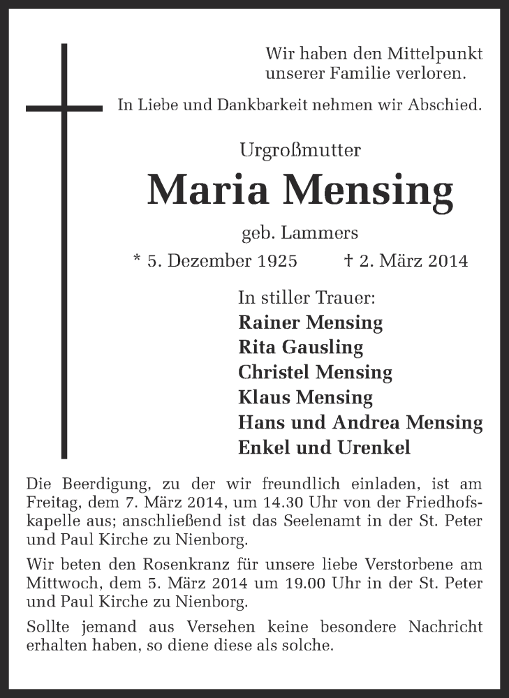  Traueranzeige für Maria Mensing vom 05.03.2014 aus 