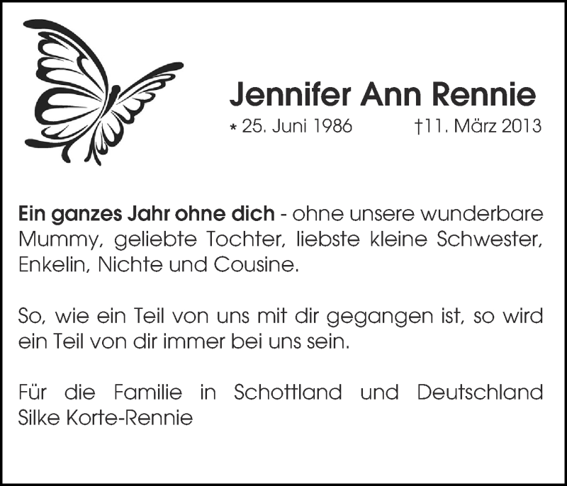  Traueranzeige für Jennifer Ann Rennie vom 11.03.2014 aus Münstersche Zeitung und Münsterland Zeitung