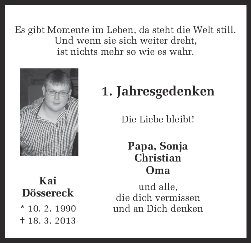  Traueranzeige für Kai Dössereck vom 18.03.2014 aus Ruhr Nachrichten
