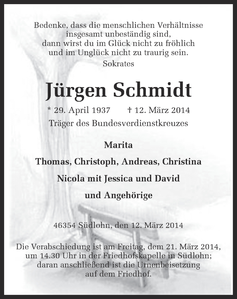  Traueranzeige für Jürgen Schmidt vom 19.03.2014 aus Münstersche Zeitung und Münsterland Zeitung