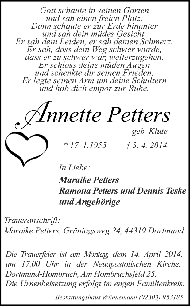  Traueranzeige für Annette Petters vom 08.04.2014 aus Ruhr Nachrichten
