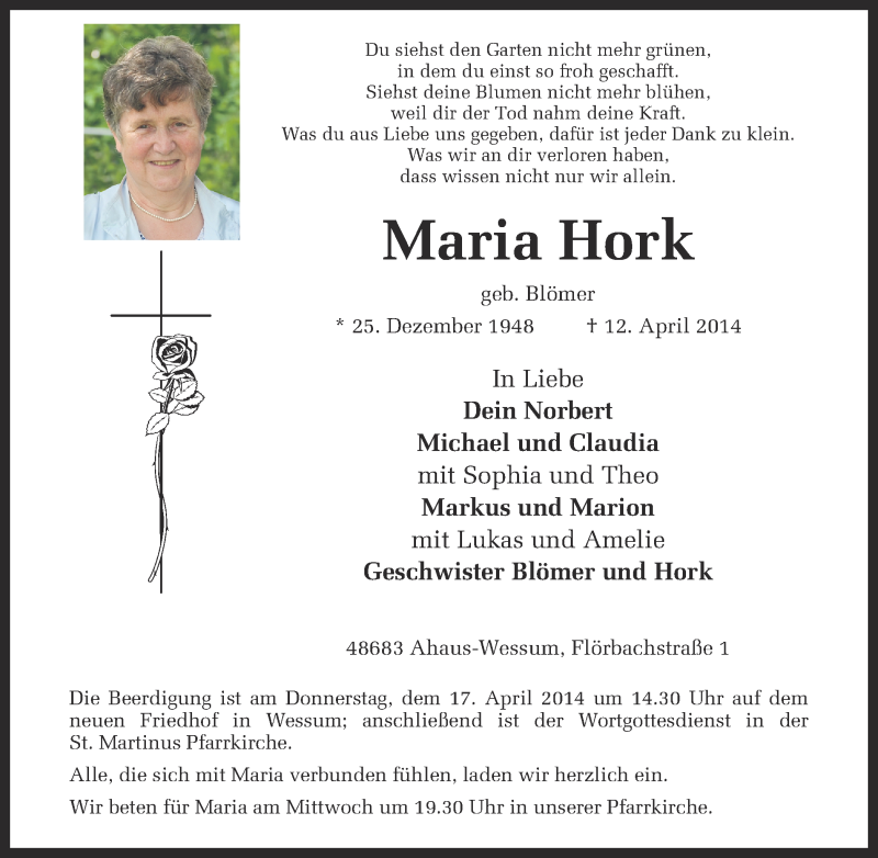  Traueranzeige für Maria Hork vom 15.04.2014 aus Münstersche Zeitung und Münsterland Zeitung