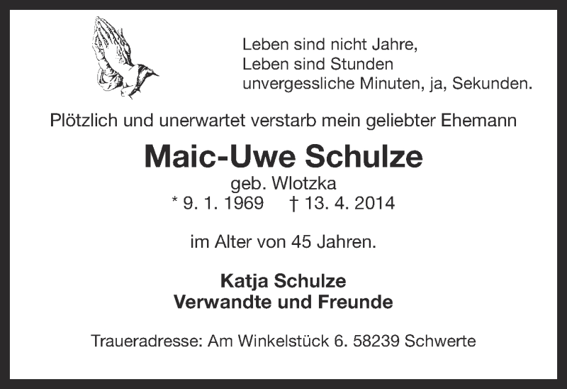  Traueranzeige für Maic-Uwe Schulze vom 17.04.2014 aus Ruhr Nachrichten