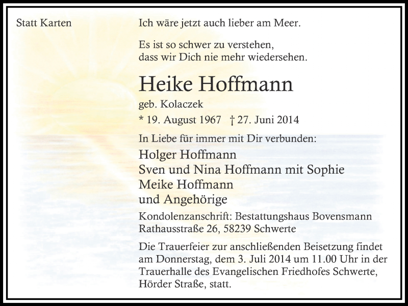  Traueranzeige für Heike Hoffmann vom 01.07.2014 aus Ruhr Nachrichten