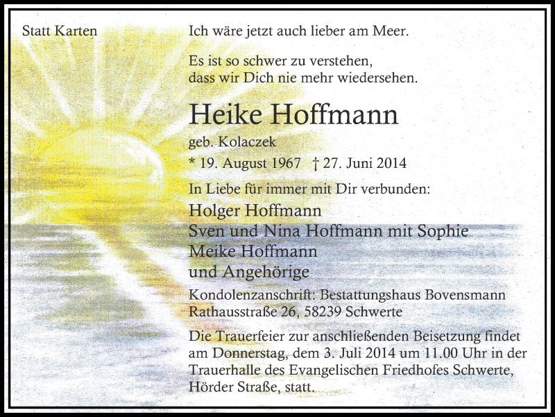  Traueranzeige für Heike Hoffmann vom 02.07.2014 aus Ruhr Nachrichten