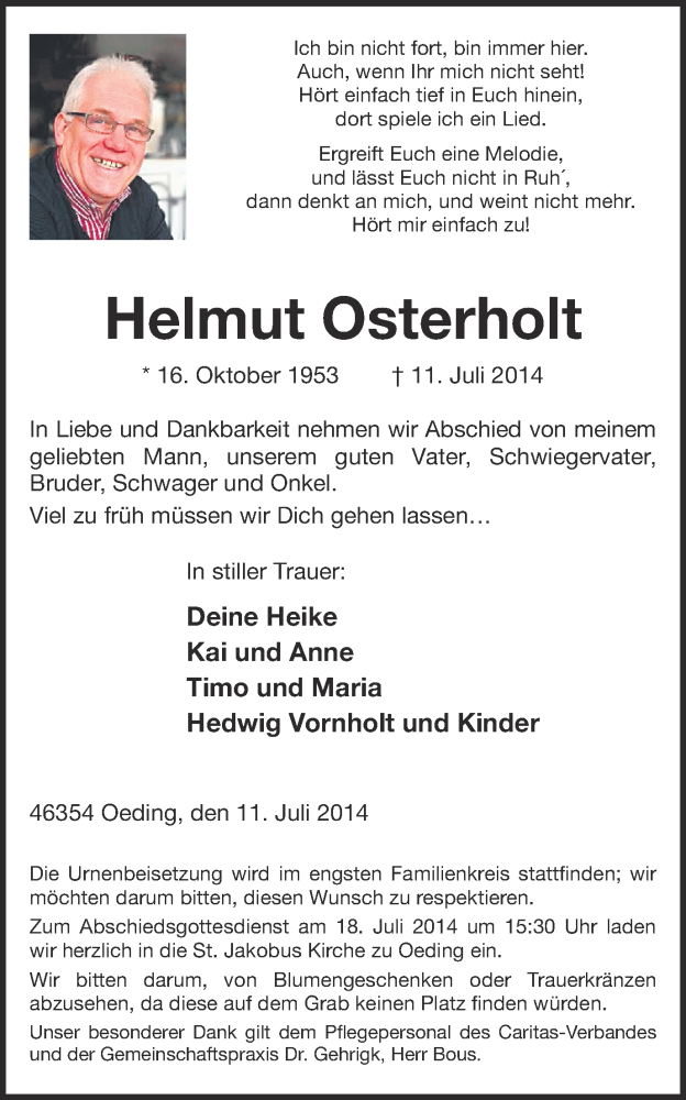  Traueranzeige für Helmut Osterholt vom 15.07.2014 aus Münstersche Zeitung und Münsterland Zeitung