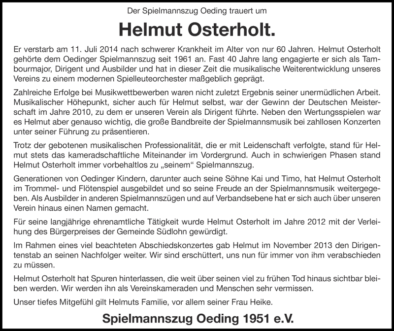  Traueranzeige für Helmut Osterholt vom 16.07.2014 aus 