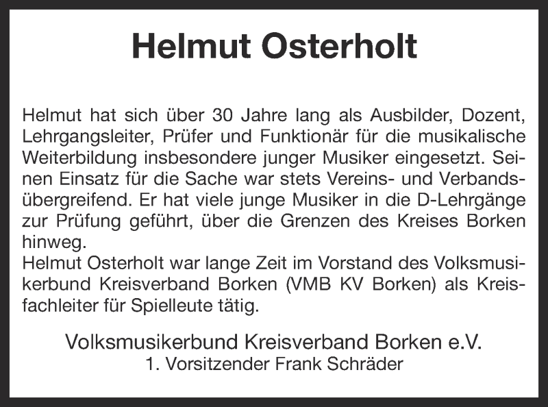  Traueranzeige für Helmut Osterholt vom 16.07.2014 aus Münstersche Zeitung Ahaus