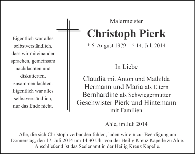  Traueranzeige für Christoph Pierk vom 16.07.2014 aus Münstersche Zeitung und Münsterland Zeitung