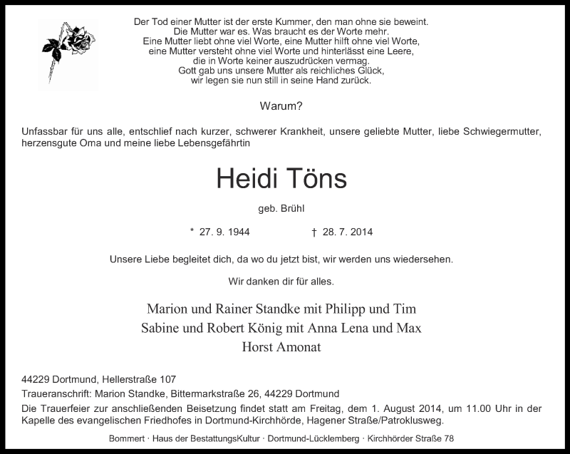  Traueranzeige für Heidi Töns vom 29.07.2014 aus Ruhr Nachrichten