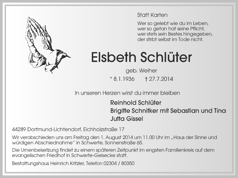  Traueranzeige für Elsbeth Schlüter vom 30.07.2014 aus Ruhr Nachrichten