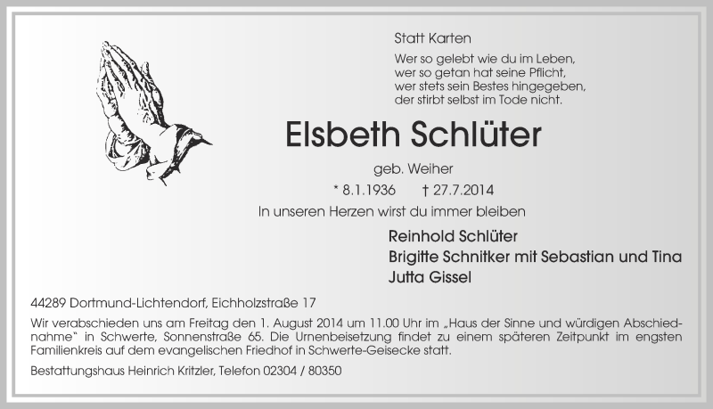  Traueranzeige für Elsbeth Schlüter vom 30.07.2014 aus Ruhr Nachrichten