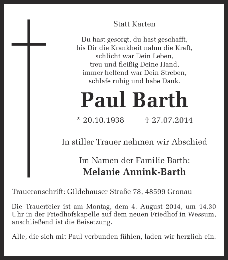  Traueranzeige für Paul Barth vom 31.07.2014 aus Münstersche Zeitung und Münsterland Zeitung