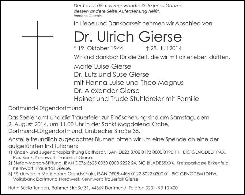  Traueranzeige für Ulrich Gierse vom 30.07.2014 aus Ruhr Nachrichten