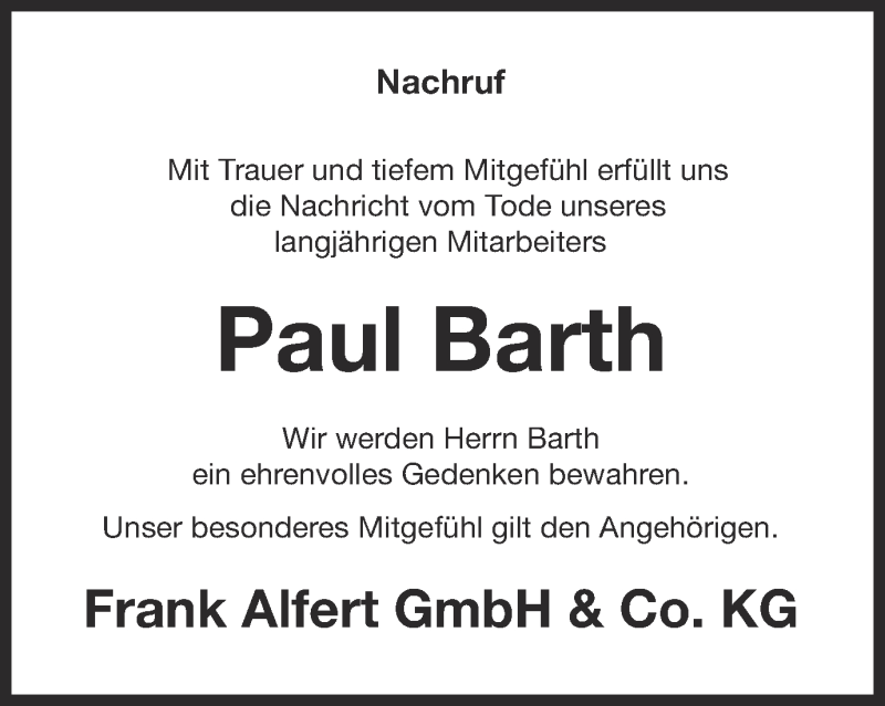 Traueranzeige für Paul Barth vom 02.08.2014 aus Münstersche Zeitung und Münsterland Zeitung