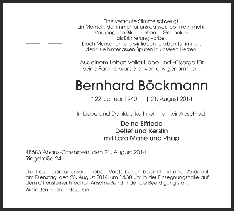  Traueranzeige für Bernhard Böckmann vom 22.08.2014 aus Münstersche Zeitung und Münsterland Zeitung