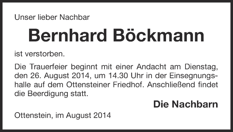  Traueranzeige für Bernhard Böckmann vom 25.08.2014 aus Münstersche Zeitung und Münsterland Zeitung