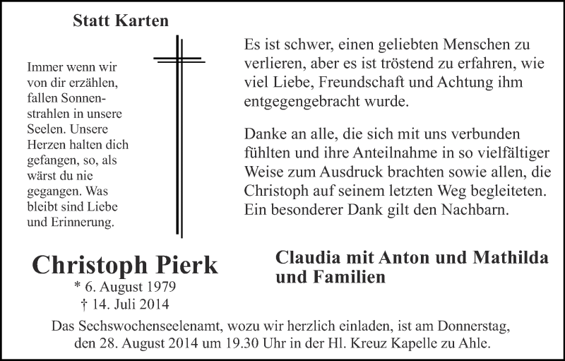  Traueranzeige für Christoph Pierk vom 23.08.2014 aus Münstersche Zeitung und Münsterland Zeitung