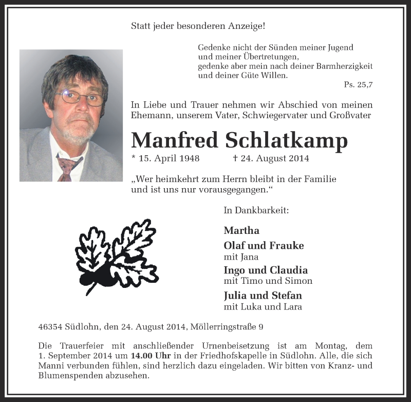 Traueranzeige für Manfred Schlatkamp vom 28.08.2014 aus Münstersche Zeitung und Münsterland Zeitung