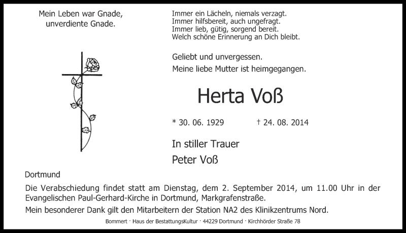  Traueranzeige für Herta Voß vom 28.08.2014 aus Ruhr Nachrichten