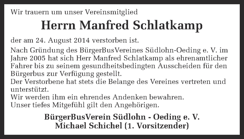  Traueranzeige für Manfred Schlatkamp vom 30.08.2014 aus Münstersche Zeitung und Münsterland Zeitung