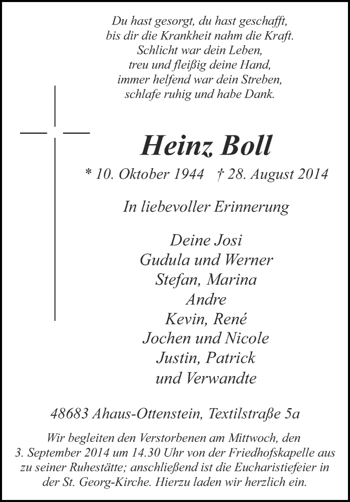  Traueranzeige für Heinz Boll vom 30.08.2014 aus Münstersche Zeitung und Münsterland Zeitung