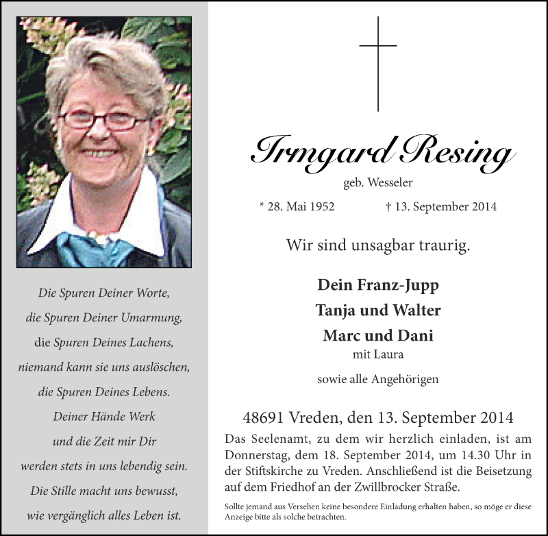  Traueranzeige für Irmgard Resing vom 17.09.2014 aus Münstersche Zeitung und Münsterland Zeitung