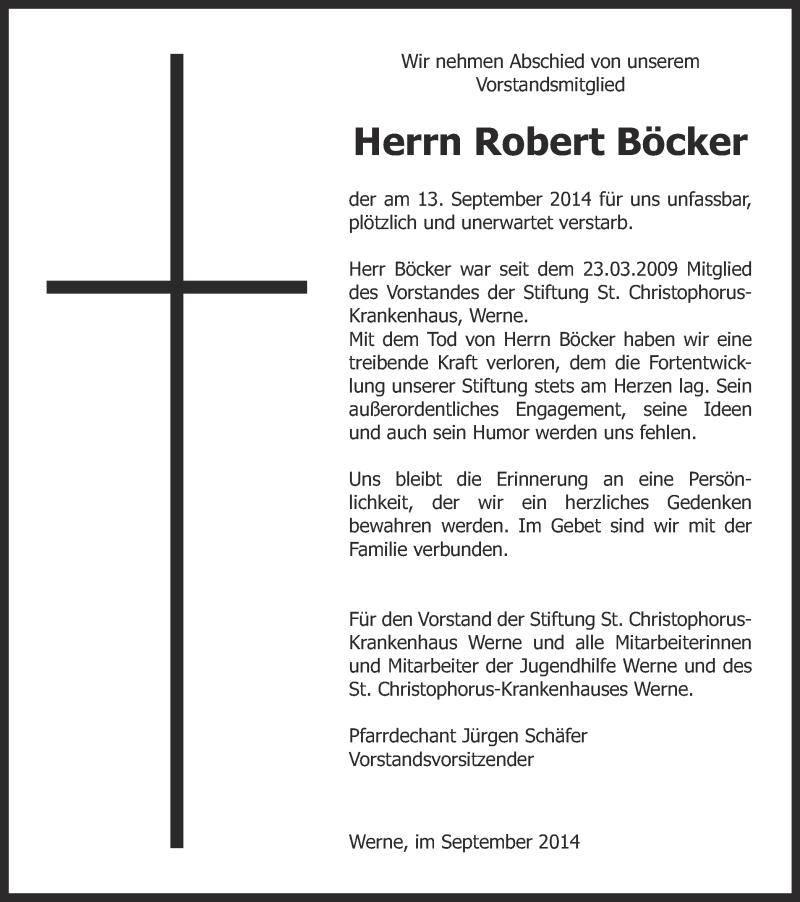  Traueranzeige für Robert Böcker vom 18.09.2014 aus Ruhr Nachrichten