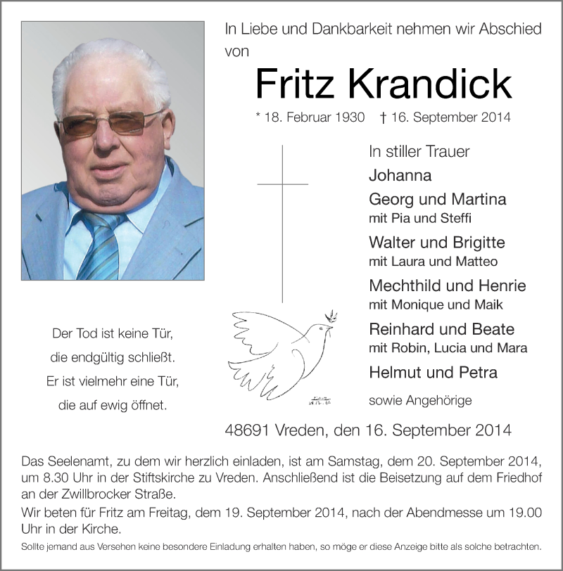  Traueranzeige für Fritz Krandick vom 18.09.2014 aus Münstersche Zeitung und Münsterland Zeitung