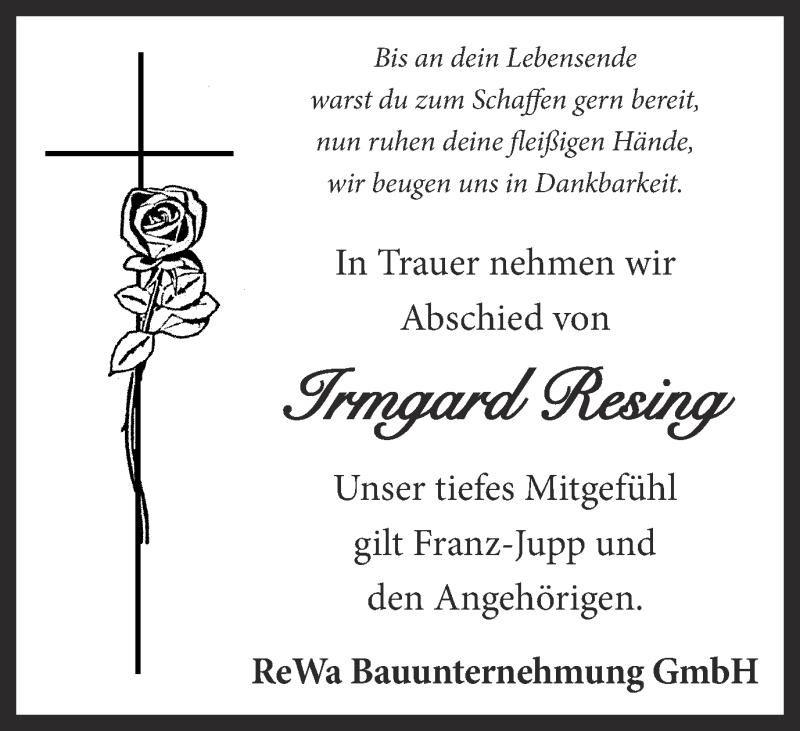  Traueranzeige für Irmgard Resing vom 18.09.2014 aus Münstersche Zeitung und Münsterland Zeitung