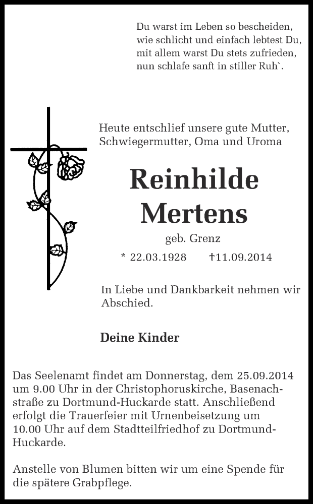  Traueranzeige für Reinhilde Mertens vom 23.09.2014 aus Ruhr Nachrichten
