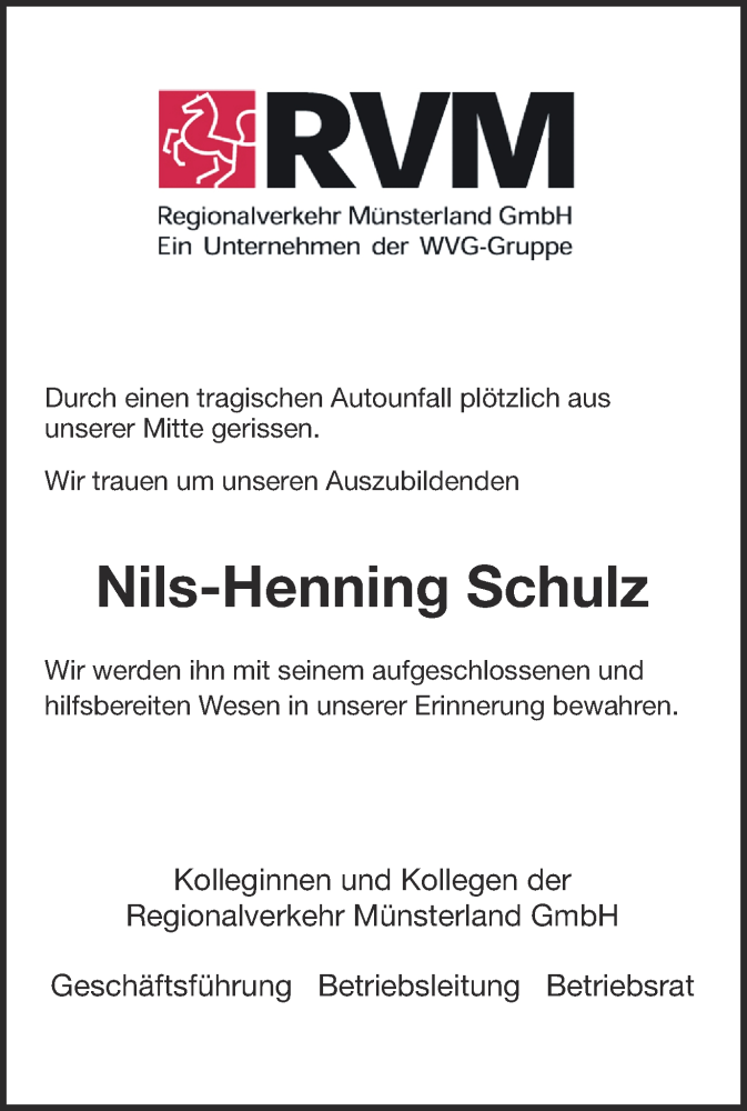  Traueranzeige für Nils-Henning Schulz vom 30.09.2014 aus Ruhr Nachrichten