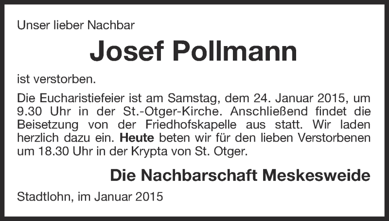  Traueranzeige für Josef Pollmann vom 23.01.2015 aus Münstersche Zeitung und Münsterland Zeitung
