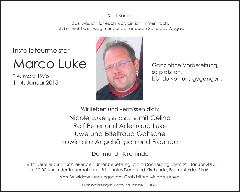  Traueranzeige für Marco Luke vom 17.01.2015 aus Ruhr Nachrichten