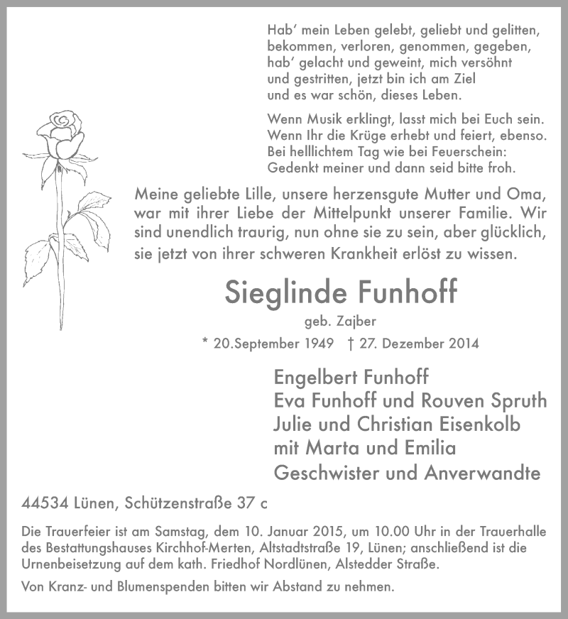  Traueranzeige für Sieglinde Funhoff vom 07.01.2015 aus Ruhr Nachrichten