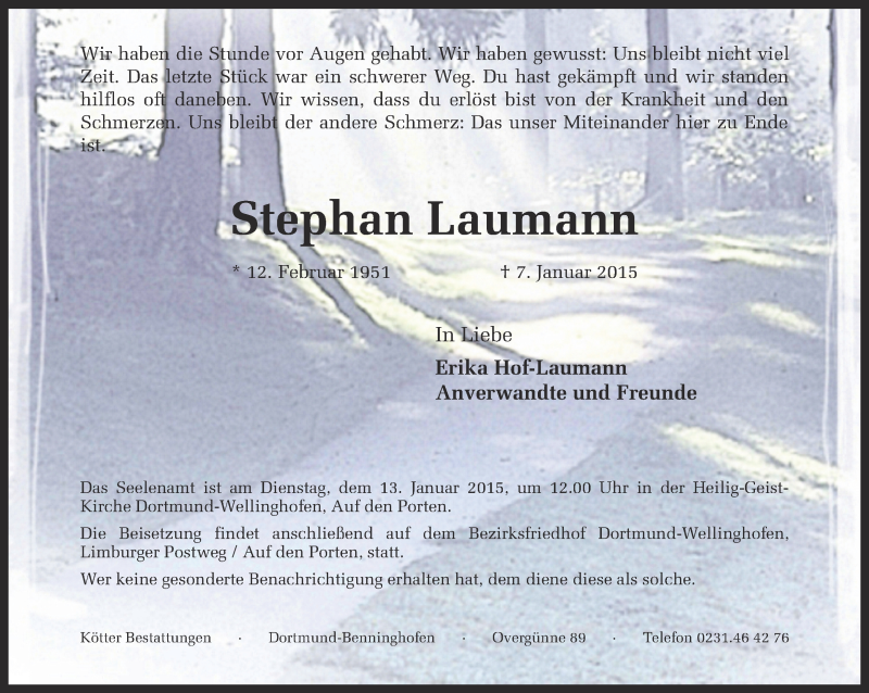  Traueranzeige für Stephan Laumann vom 09.01.2015 aus Ruhr Nachrichten