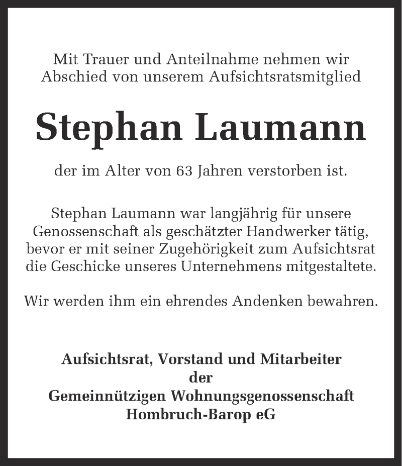  Traueranzeige für Stephan Laumann vom 13.01.2015 aus Ruhr Nachrichten